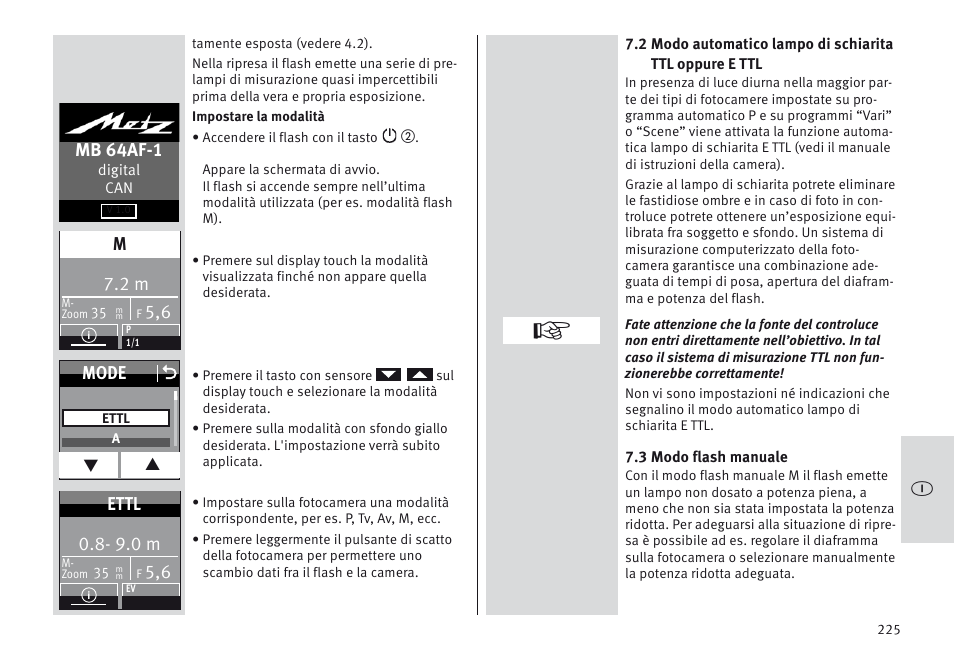 Mb 64af-1, Mode o, 9.0 m | Ettl | Metz MECABLITZ 64 AF-1 digital Canon User Manual | Page 225 / 326