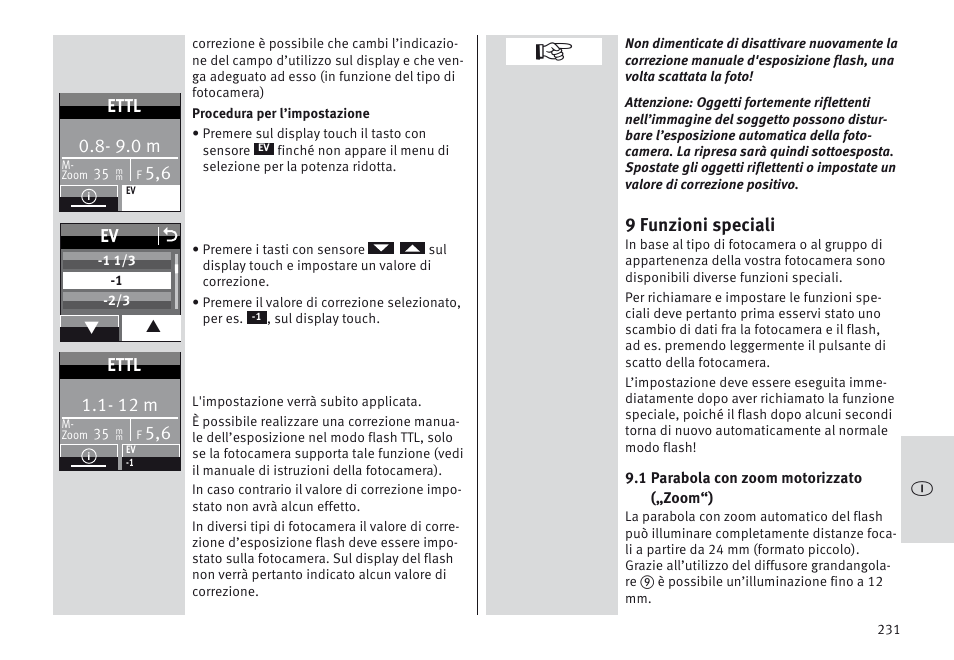 9 funzioni speciali, 9.0 m, Ettl | Ev o, 12 m | Metz MECABLITZ 64 AF-1 digital Canon User Manual | Page 231 / 326