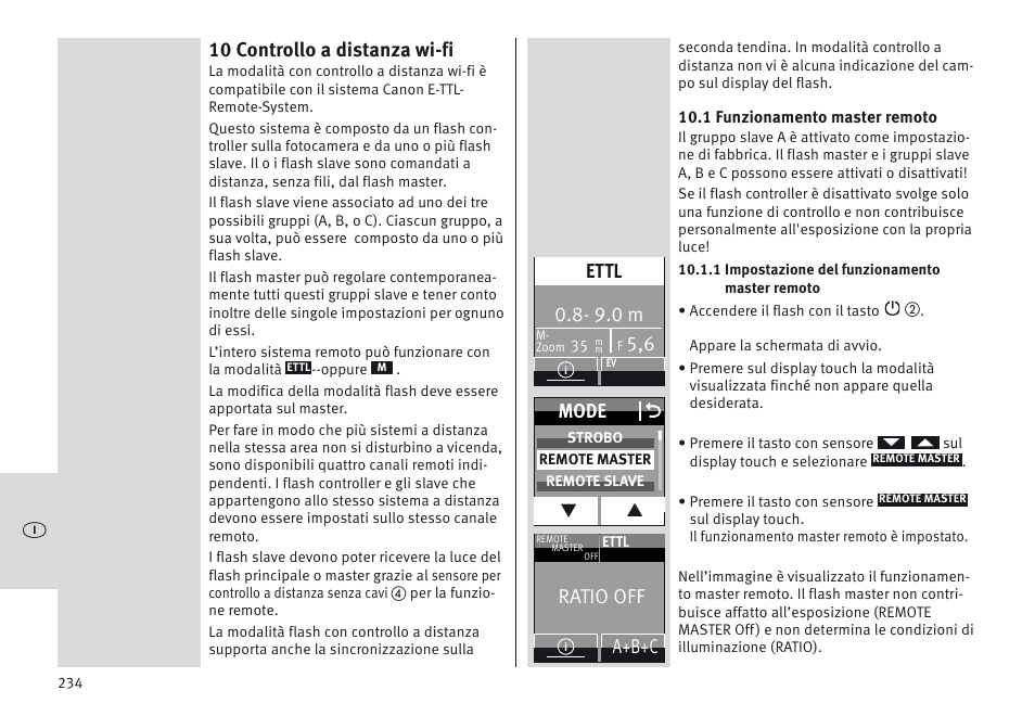10 controllo a distanza wi-fi, 9.0 m, Ettl | Mode o, Ratio off, A+b+c | Metz MECABLITZ 64 AF-1 digital Canon User Manual | Page 234 / 326