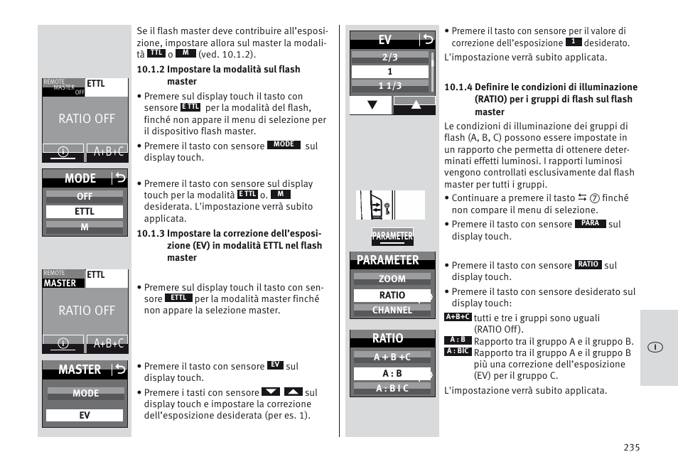 Ratio off, A+b+c mode o, A+b+c master o | Ev o, Parameter, Ratio | Metz MECABLITZ 64 AF-1 digital Canon User Manual | Page 235 / 326