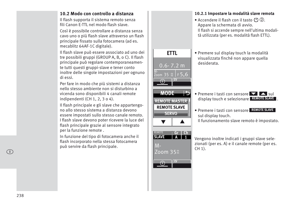 7.2 m, Ettl, Mode o | M- zoom 35 | Metz MECABLITZ 64 AF-1 digital Canon User Manual | Page 238 / 326