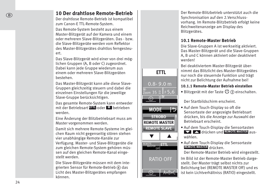 10 der drahtlose remote-betrieb, 9.0 m, Ettl | Mode o, Ratio off, A+b+c | Metz MECABLITZ 64 AF-1 digital Canon User Manual | Page 24 / 326