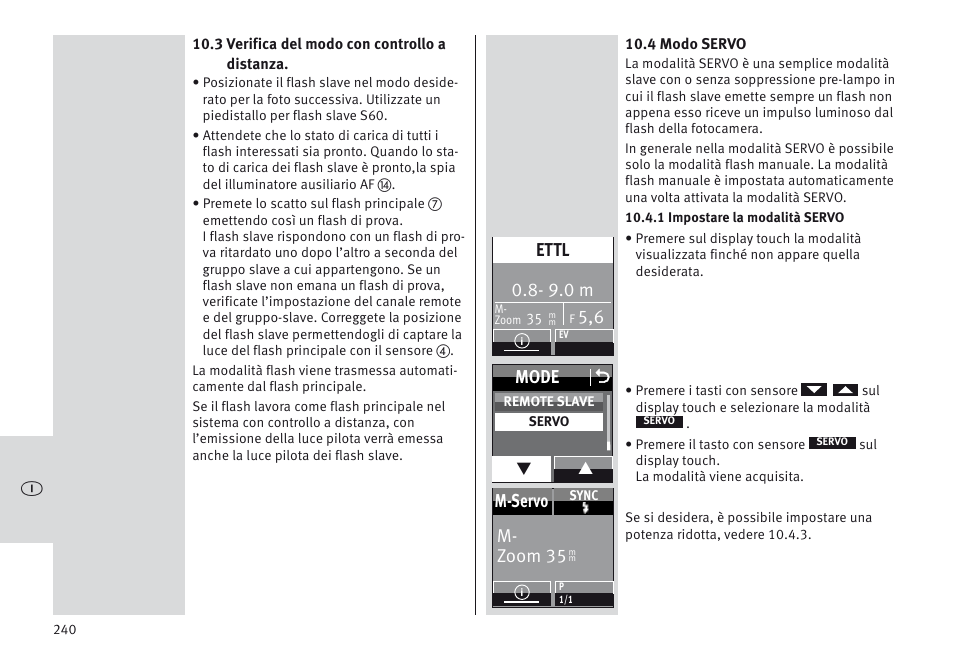 9.0 m, Ettl, Mode o | M- zoom 35 m-servo | Metz MECABLITZ 64 AF-1 digital Canon User Manual | Page 240 / 326