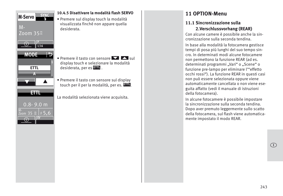 11 option-menu, M- zoom 35 m-servo, Mode o | 9.0 m, Ettl | Metz MECABLITZ 64 AF-1 digital Canon User Manual | Page 243 / 326