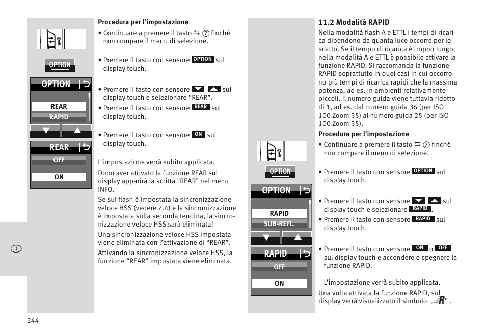 Option o, Rapid o, Rear o | Metz MECABLITZ 64 AF-1 digital Canon User Manual | Page 244 / 326