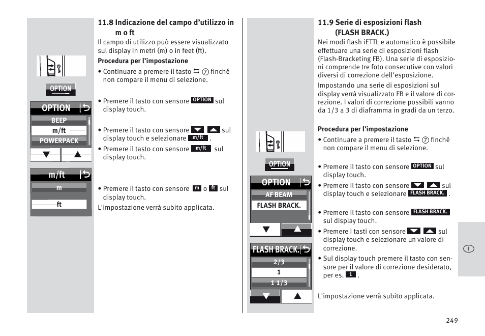 M/ft o, Option o, Flash brack. o | Metz MECABLITZ 64 AF-1 digital Canon User Manual | Page 249 / 326