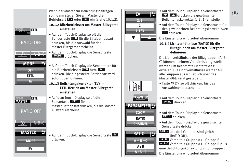 Ratio off, A+b+c mode o, A+b+c master o | Ev o, Parameter, Ratio | Metz MECABLITZ 64 AF-1 digital Canon User Manual | Page 25 / 326