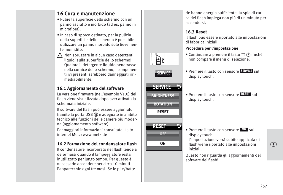 16 cura e manutenzione, Service o, Reset o | Metz MECABLITZ 64 AF-1 digital Canon User Manual | Page 257 / 326