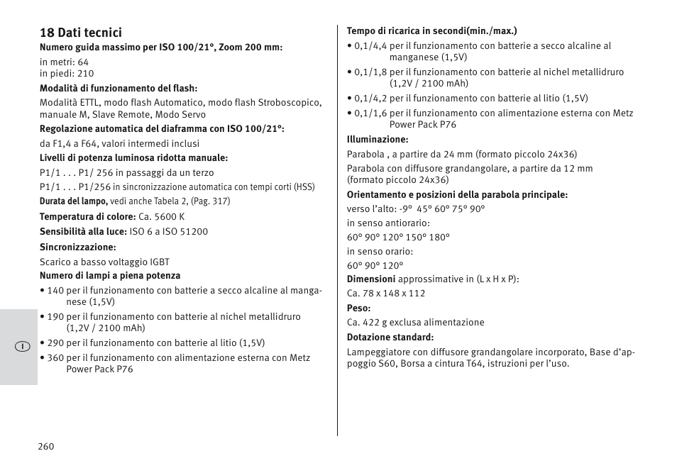 18 dati tecnici | Metz MECABLITZ 64 AF-1 digital Canon User Manual | Page 260 / 326