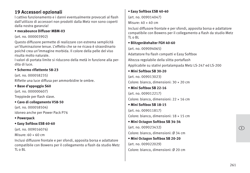 19 accessori opzionali | Metz MECABLITZ 64 AF-1 digital Canon User Manual | Page 261 / 326