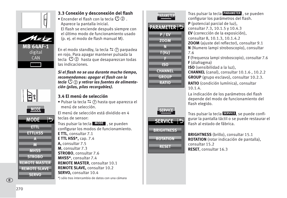 Mb 64af-1, Parameter o, Mode o | Service o | Metz MECABLITZ 64 AF-1 digital Canon User Manual | Page 270 / 326