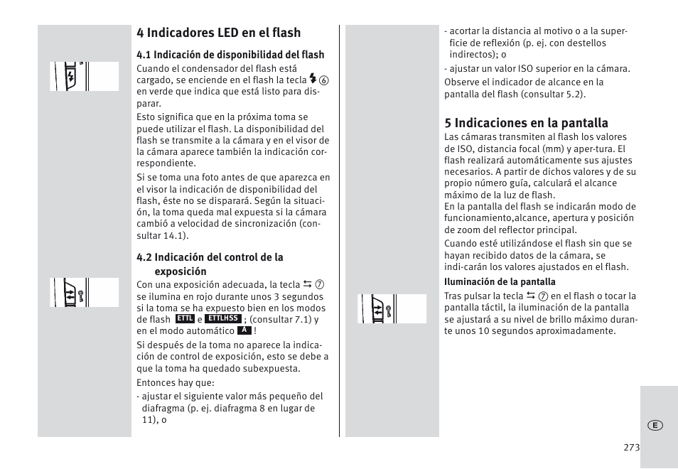 4 indicadores led en el flash, 5 indicaciones en la pantalla | Metz MECABLITZ 64 AF-1 digital Canon User Manual | Page 273 / 326