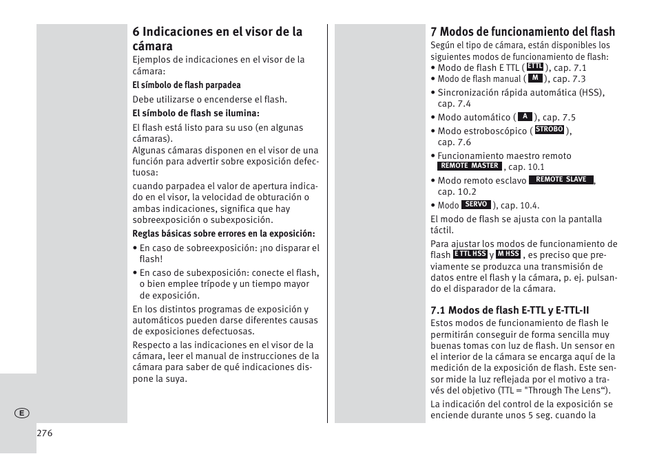 6 indicaciones en el visor de la cámara, 7 modos de funcionamiento del flash | Metz MECABLITZ 64 AF-1 digital Canon User Manual | Page 276 / 326