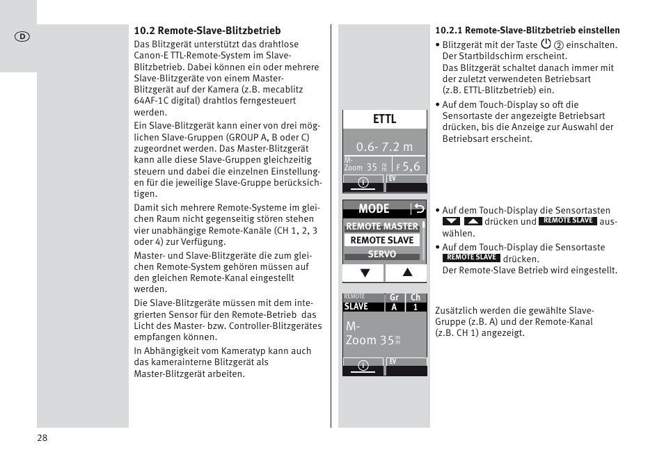 7.2 m, Ettl, Mode o | M- zoom 35 | Metz MECABLITZ 64 AF-1 digital Canon User Manual | Page 28 / 326