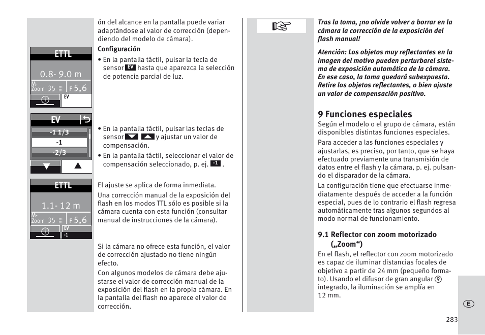 9 funciones especiales, 9.0 m, Ettl | Ev o, 12 m | Metz MECABLITZ 64 AF-1 digital Canon User Manual | Page 283 / 326