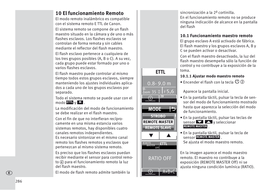 10 el funcionamiento remoto, 9.0 m, Ettl | Mode o, Ratio off, A+b+c | Metz MECABLITZ 64 AF-1 digital Canon User Manual | Page 286 / 326