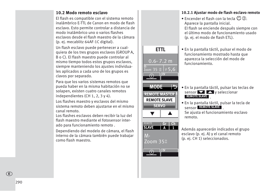 7.2 m, Ettl, Mode o | M- zoom 35 | Metz MECABLITZ 64 AF-1 digital Canon User Manual | Page 290 / 326