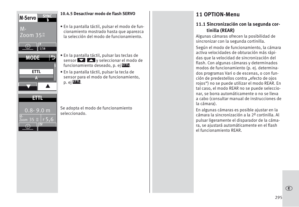 11 option-menu, M- zoom 35 m-servo, Mode o | 9.0 m, Ettl | Metz MECABLITZ 64 AF-1 digital Canon User Manual | Page 295 / 326