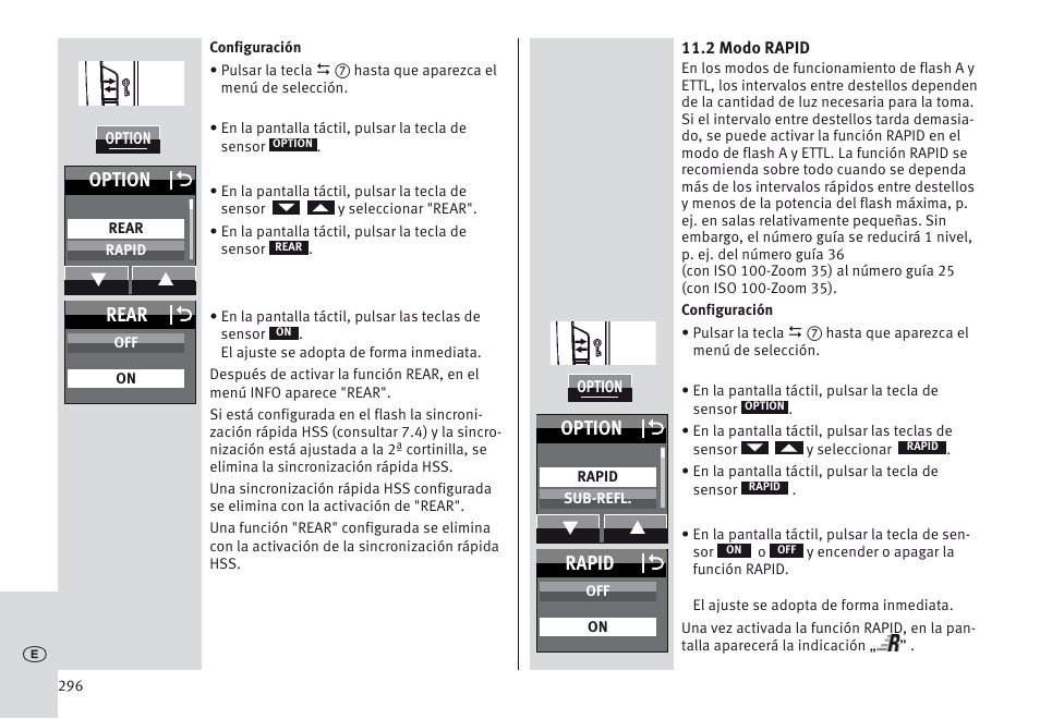 Option o, Rapid o, Rear o | Metz MECABLITZ 64 AF-1 digital Canon User Manual | Page 296 / 326