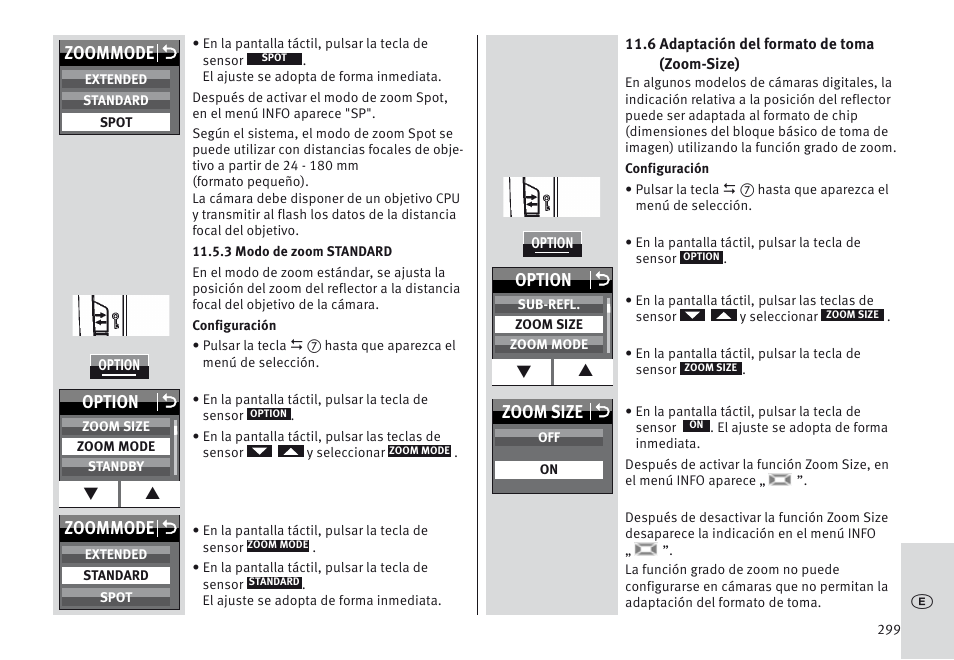 Zoommode o, Option o, Zoom size o | Metz MECABLITZ 64 AF-1 digital Canon User Manual | Page 299 / 326