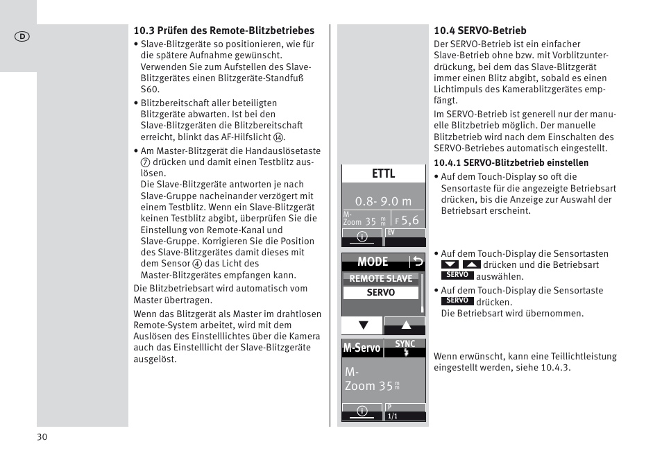 9.0 m, Ettl, Mode o | M- zoom 35 m-servo | Metz MECABLITZ 64 AF-1 digital Canon User Manual | Page 30 / 326