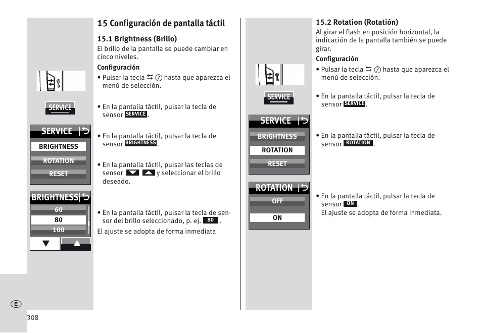 15 configuración de pantalla táctil, Service o, Brightness o | Rotation o | Metz MECABLITZ 64 AF-1 digital Canon User Manual | Page 308 / 326