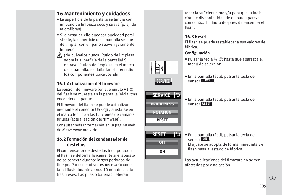 16 mantenimiento y cuidadoss, Service o, Reset o | Metz MECABLITZ 64 AF-1 digital Canon User Manual | Page 309 / 326