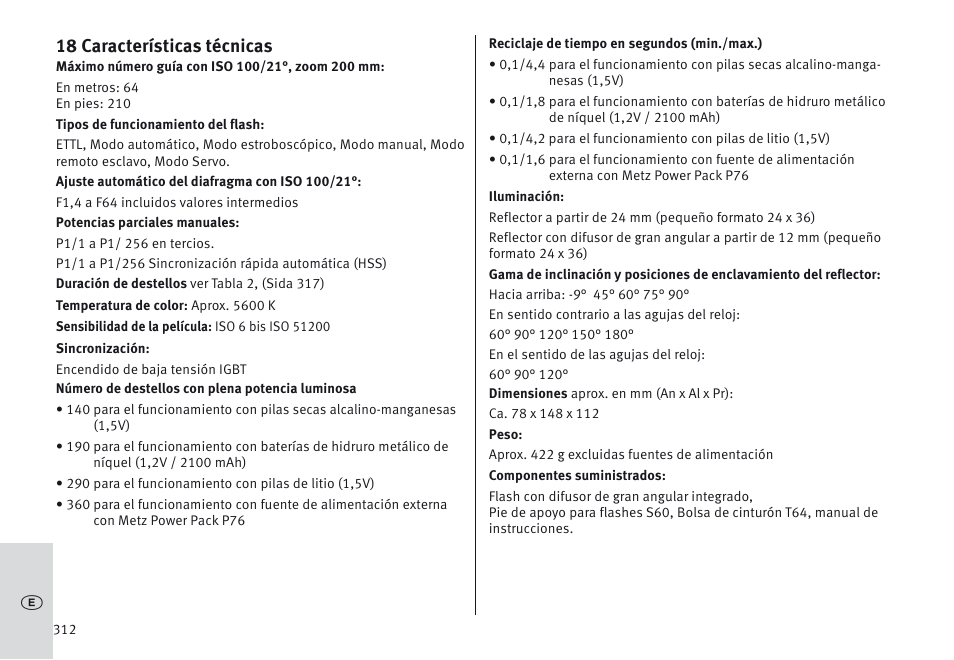 18 características técnicas | Metz MECABLITZ 64 AF-1 digital Canon User Manual | Page 312 / 326