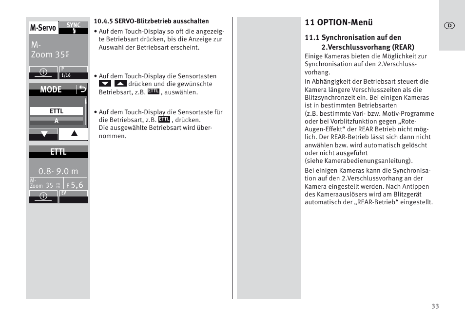 11 option-menü, M- zoom 35 m-servo, Mode o | 9.0 m, Ettl | Metz MECABLITZ 64 AF-1 digital Canon User Manual | Page 33 / 326