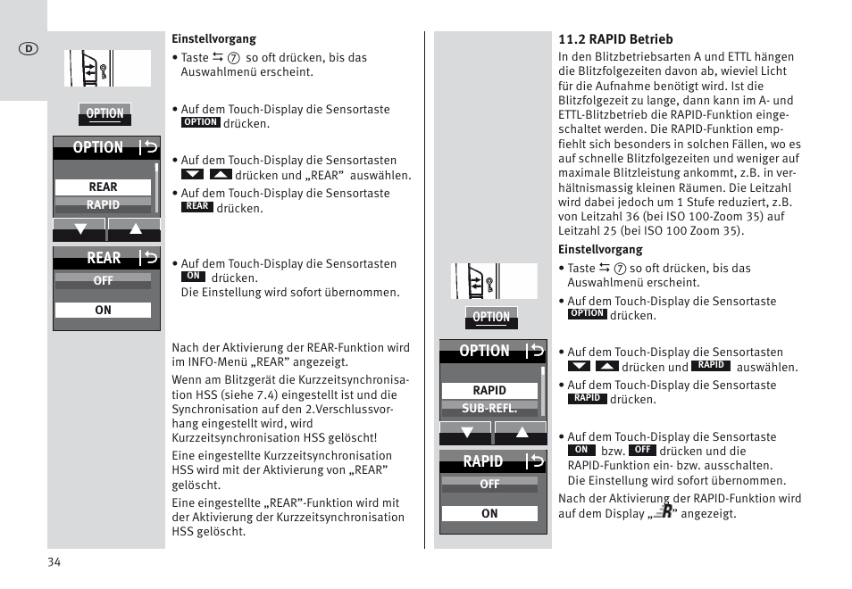 Option o, Rapid o, Rear o | Metz MECABLITZ 64 AF-1 digital Canon User Manual | Page 34 / 326