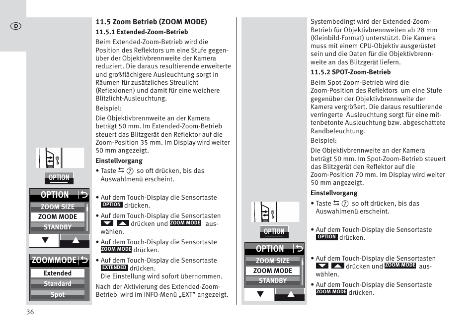 Zoommode o, Option o | Metz MECABLITZ 64 AF-1 digital Canon User Manual | Page 36 / 326