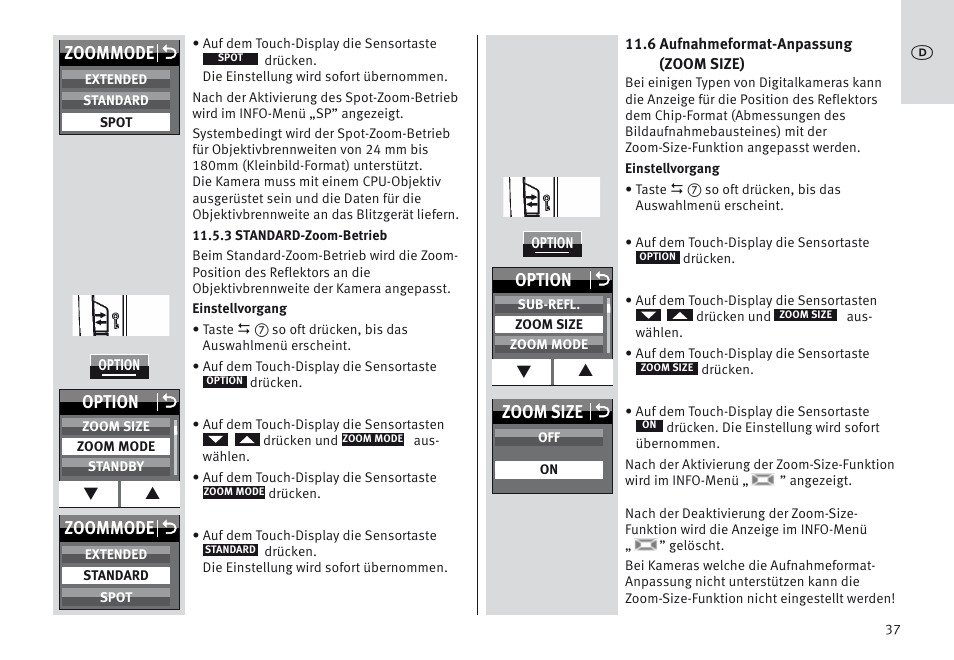 Zoommode o, Option o, Zoom size o | Metz MECABLITZ 64 AF-1 digital Canon User Manual | Page 37 / 326