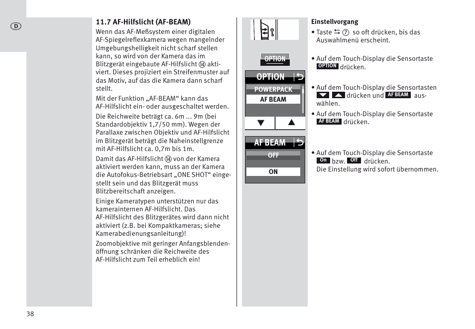 Option o, Af beam o | Metz MECABLITZ 64 AF-1 digital Canon User Manual | Page 38 / 326