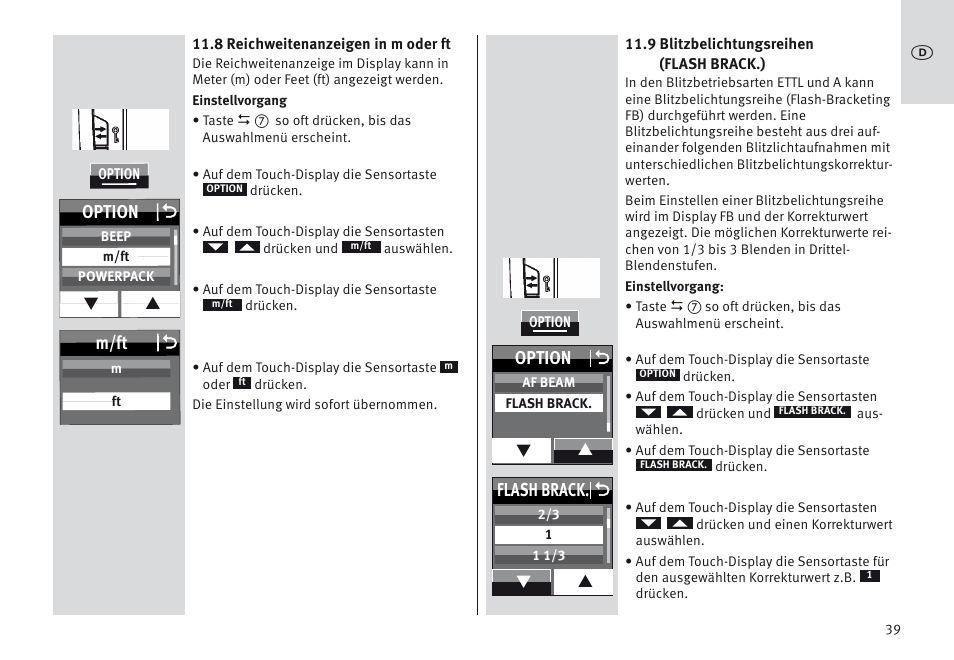 M/ft o, Option o, Flash brack. o | Metz MECABLITZ 64 AF-1 digital Canon User Manual | Page 39 / 326