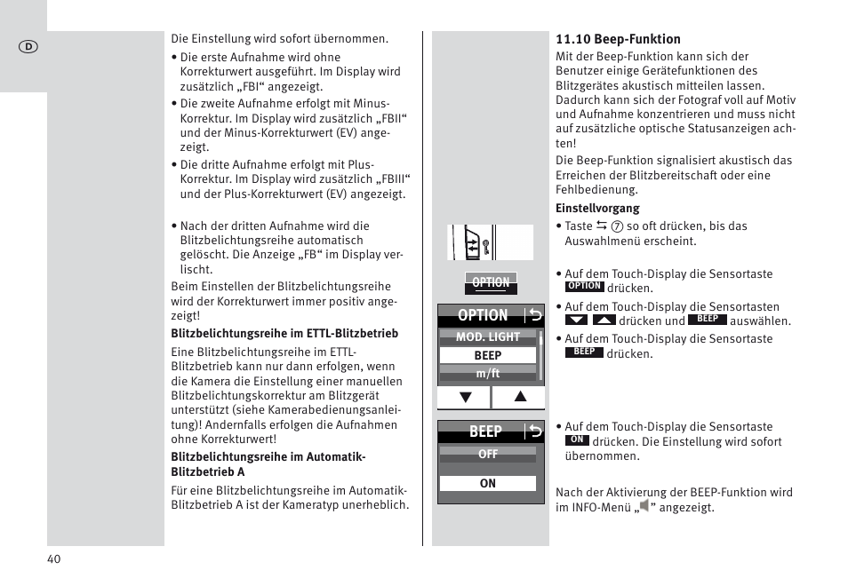 Beep o, Option o | Metz MECABLITZ 64 AF-1 digital Canon User Manual | Page 40 / 326