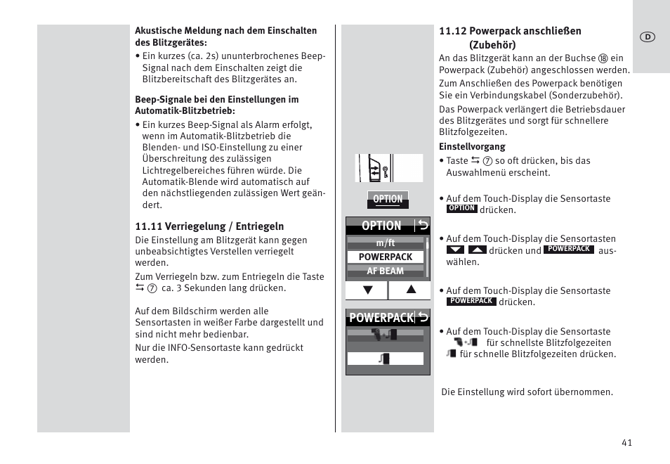 Powerpack o option o | Metz MECABLITZ 64 AF-1 digital Canon User Manual | Page 41 / 326