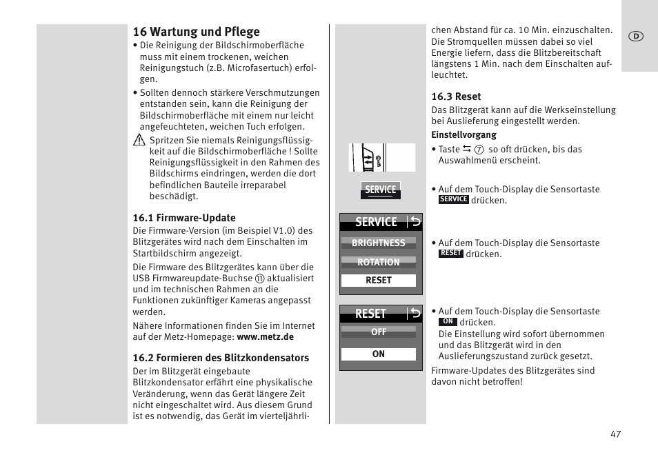 16 wartung und pflege, Service o, Reset o | Metz MECABLITZ 64 AF-1 digital Canon User Manual | Page 47 / 326