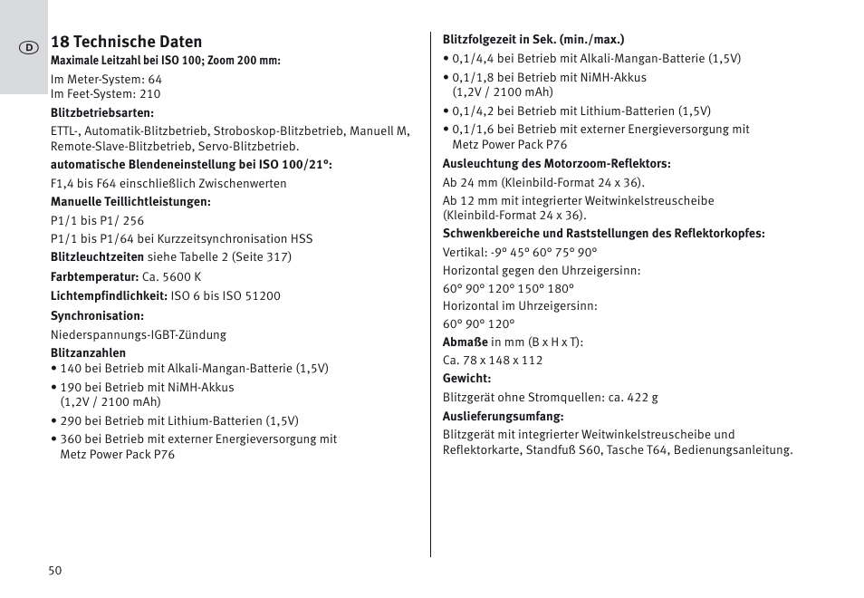 18 technische daten | Metz MECABLITZ 64 AF-1 digital Canon User Manual | Page 50 / 326