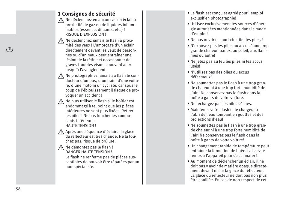 1 consignes de sécurité | Metz MECABLITZ 64 AF-1 digital Canon User Manual | Page 58 / 326