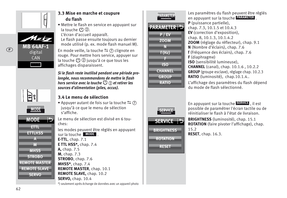 Mb 64af-1, Parameter o, Mode o | Service o | Metz MECABLITZ 64 AF-1 digital Canon User Manual | Page 62 / 326