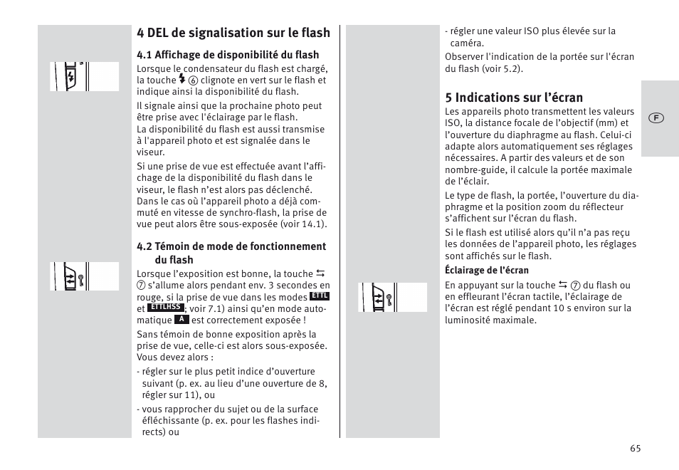 4 del de signalisation sur le flash, 5 indications sur l’écran | Metz MECABLITZ 64 AF-1 digital Canon User Manual | Page 65 / 326