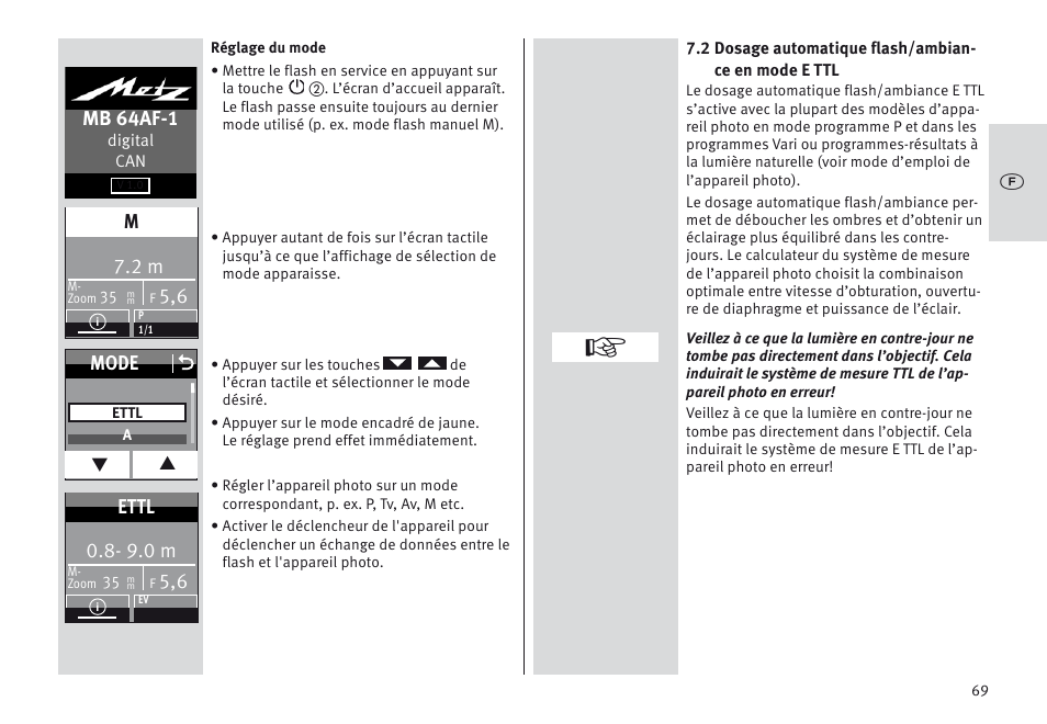 Mb 64af-1, Mode o, 9.0 m | Ettl | Metz MECABLITZ 64 AF-1 digital Canon User Manual | Page 69 / 326