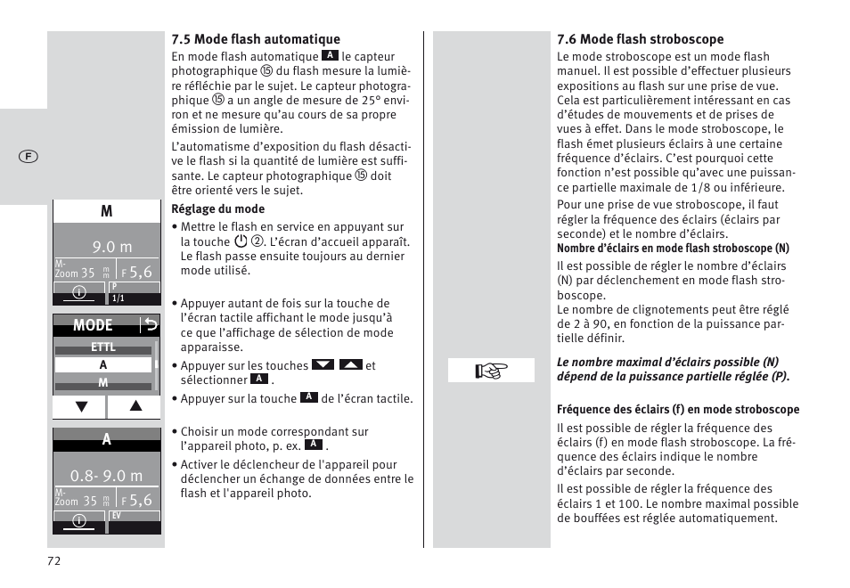 Mode o, 9.0 m | Metz MECABLITZ 64 AF-1 digital Canon User Manual | Page 72 / 326