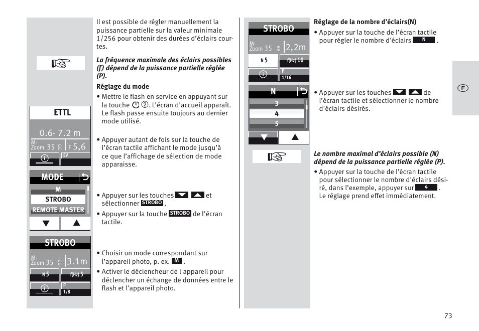 7.2 m, Ettl, Mode o | Strobo, 2,2m | Metz MECABLITZ 64 AF-1 digital Canon User Manual | Page 73 / 326