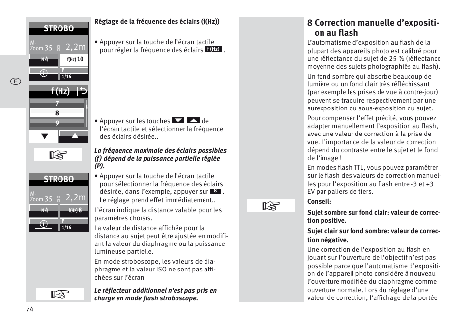 8 correction manuelle d’expositi- on au flash, F (hz) o, 2,2m | Strobo | Metz MECABLITZ 64 AF-1 digital Canon User Manual | Page 74 / 326