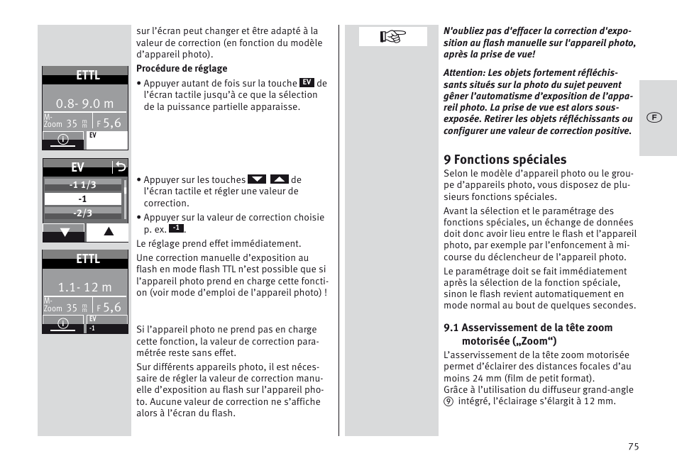 9 fonctions spéciales, 9.0 m, Ettl | Ev o, 12 m | Metz MECABLITZ 64 AF-1 digital Canon User Manual | Page 75 / 326