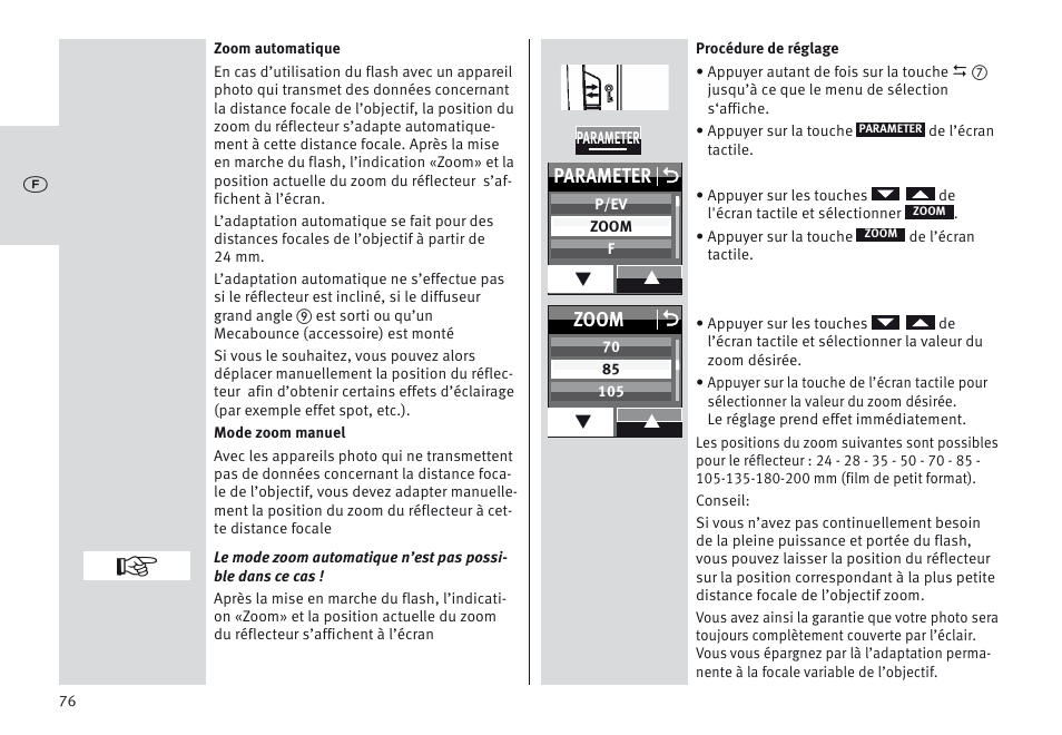 Parameter o, Zoom o | Metz MECABLITZ 64 AF-1 digital Canon User Manual | Page 76 / 326