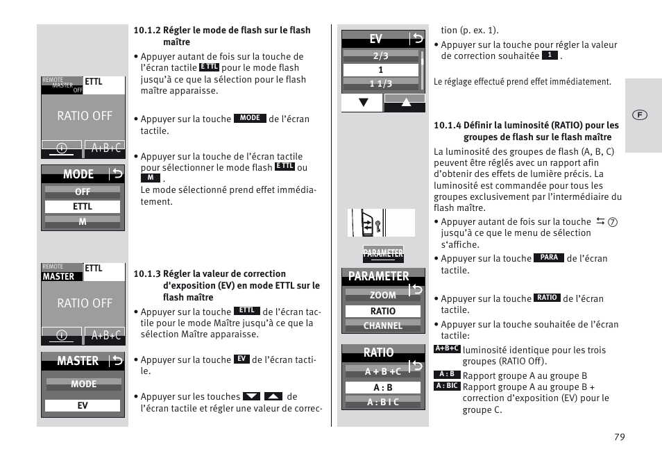 Ratio off, A+b+c mode o, A+b+c master o | Ev o, Parameter, Ratio | Metz MECABLITZ 64 AF-1 digital Canon User Manual | Page 79 / 326