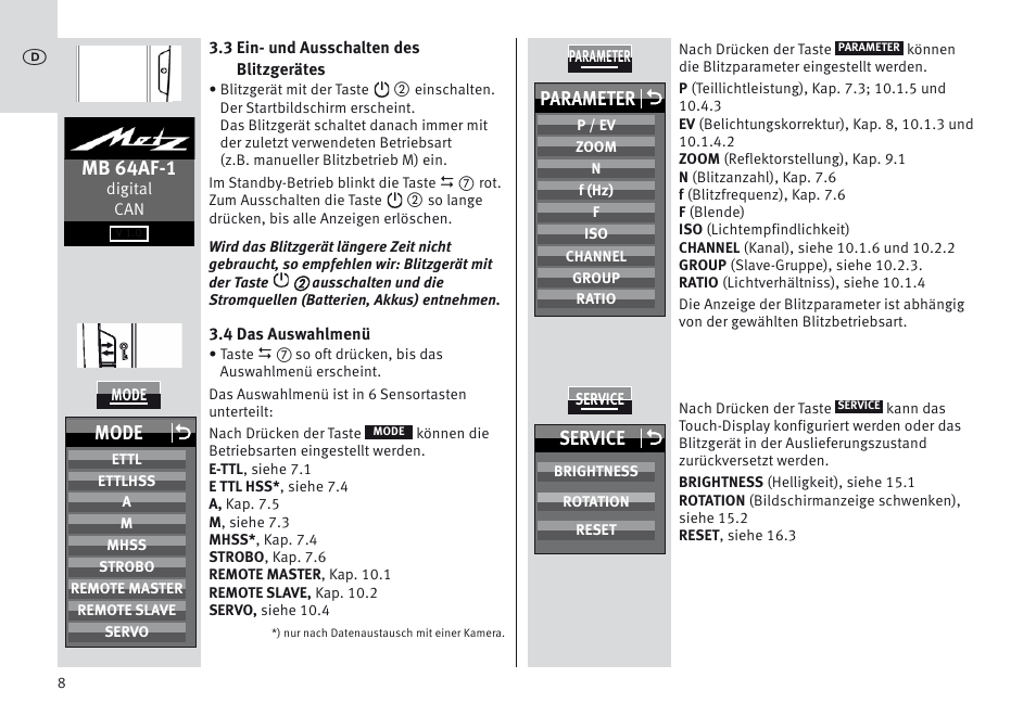 Mb 64af-1, Parameter o, Mode o | Service o | Metz MECABLITZ 64 AF-1 digital Canon User Manual | Page 8 / 326