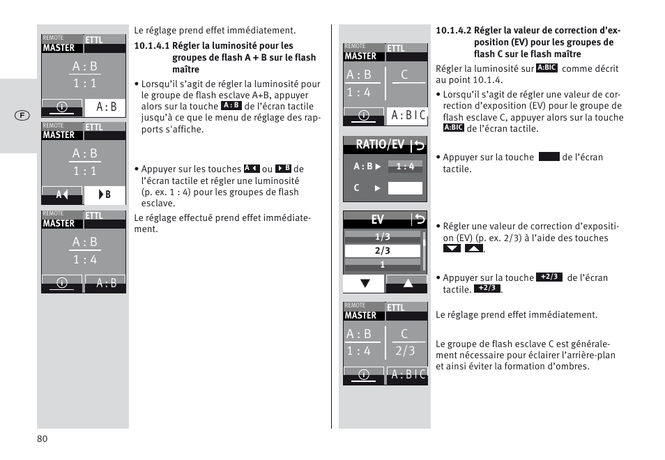 Ev o, A : b 1 : 1, A : b | A : b 1 : 4, A : b c 1 : 4, A : b i c ratio/ev | Metz MECABLITZ 64 AF-1 digital Canon User Manual | Page 80 / 326